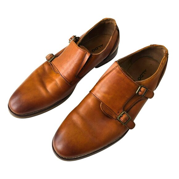 Brown ALDO Mens Monk Strap Leather Shoes Size 10 Cognac JJJ4106 - Picture 6 of 14